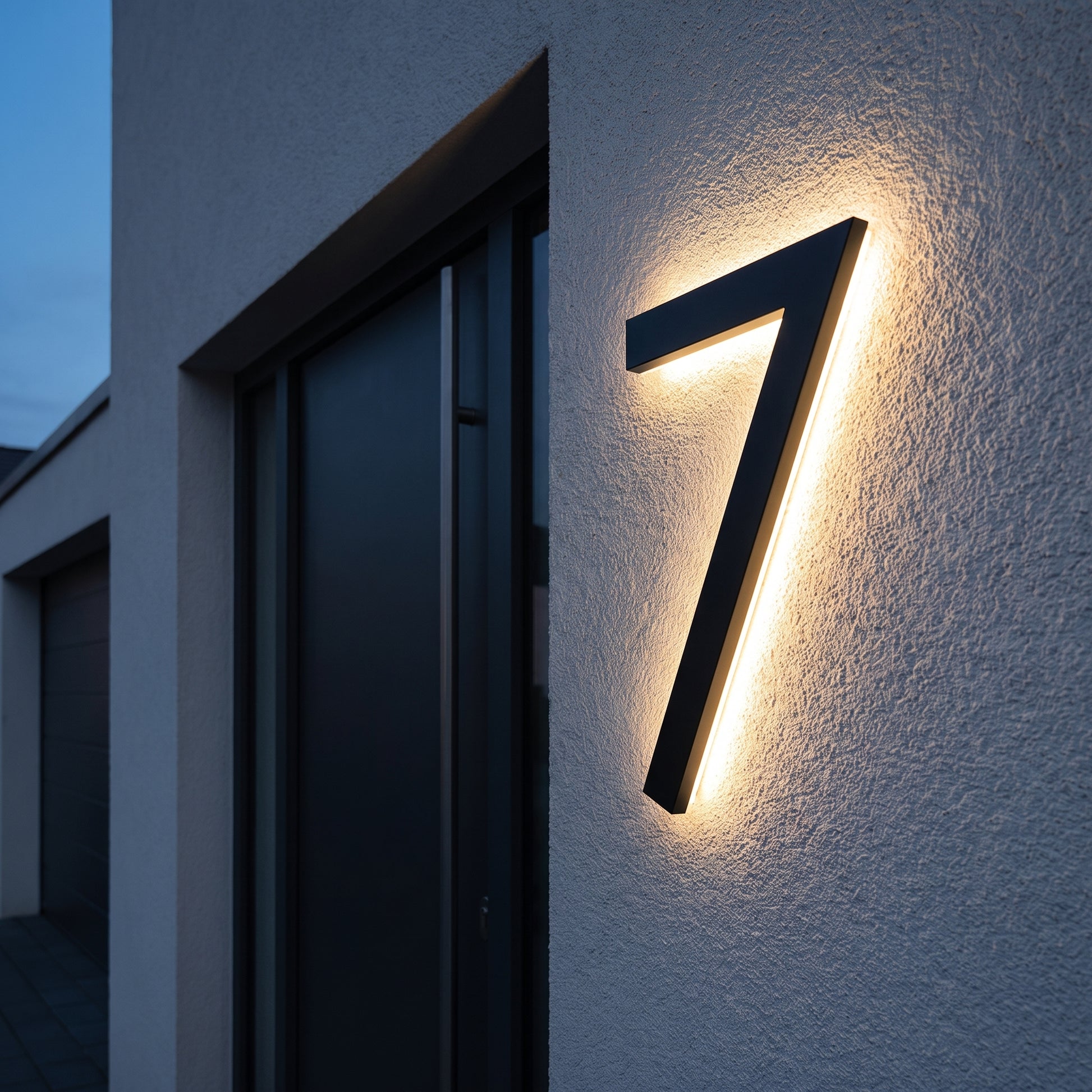 Cyfra LED XL z szeroką ciepłą poświatą halo na ścianie o zmierzchu