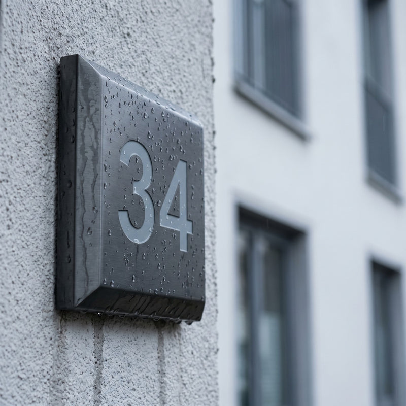 Krople deszczu na powierzchni tabliczki adresowej z numerem 34