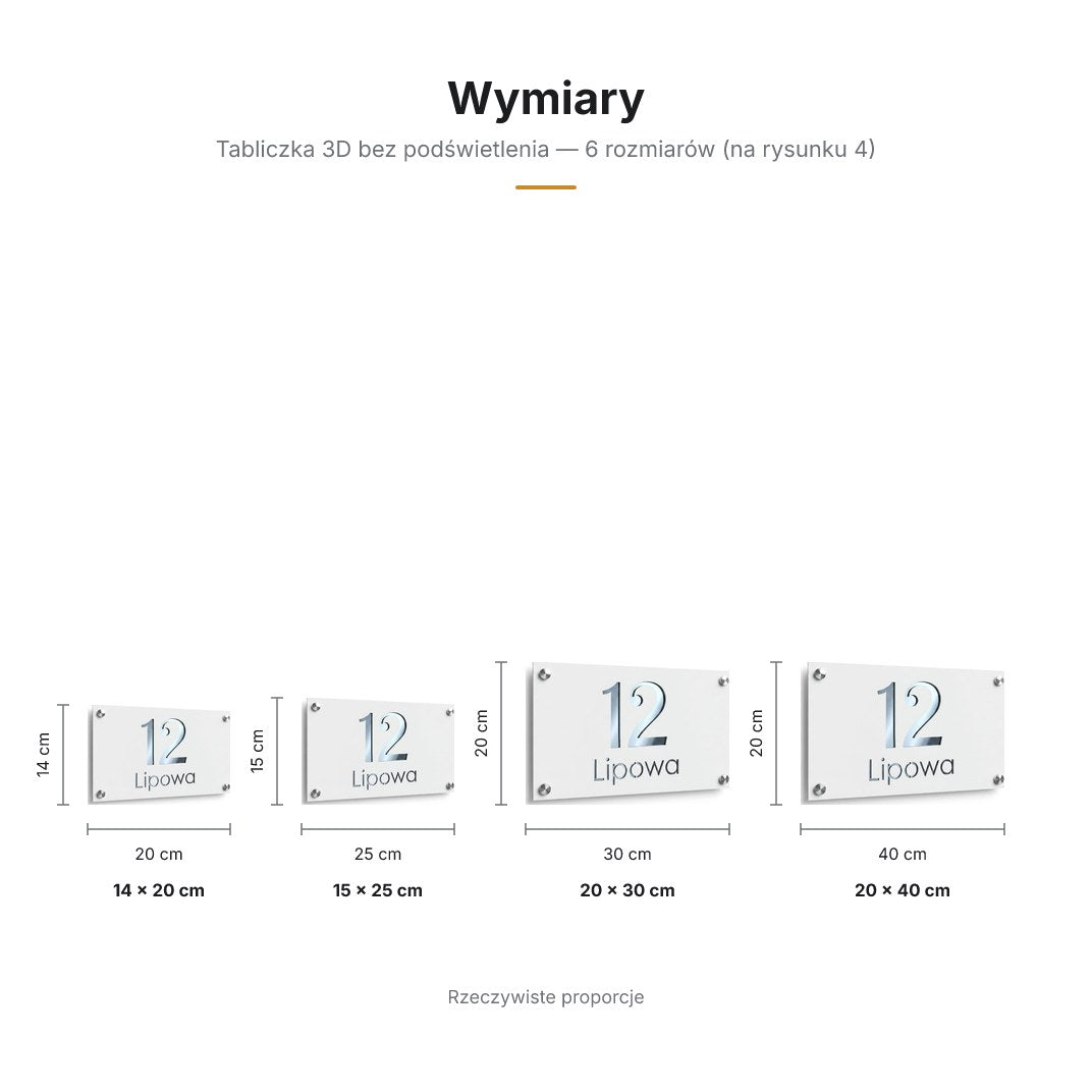 Wymiary tabliczki 3D — 6 rozmiarów, rzeczywiste proporcje