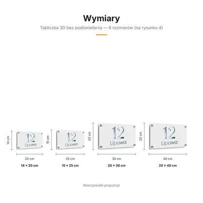Wymiary tabliczki 3D — 6 rozmiarów, rzeczywiste proporcje