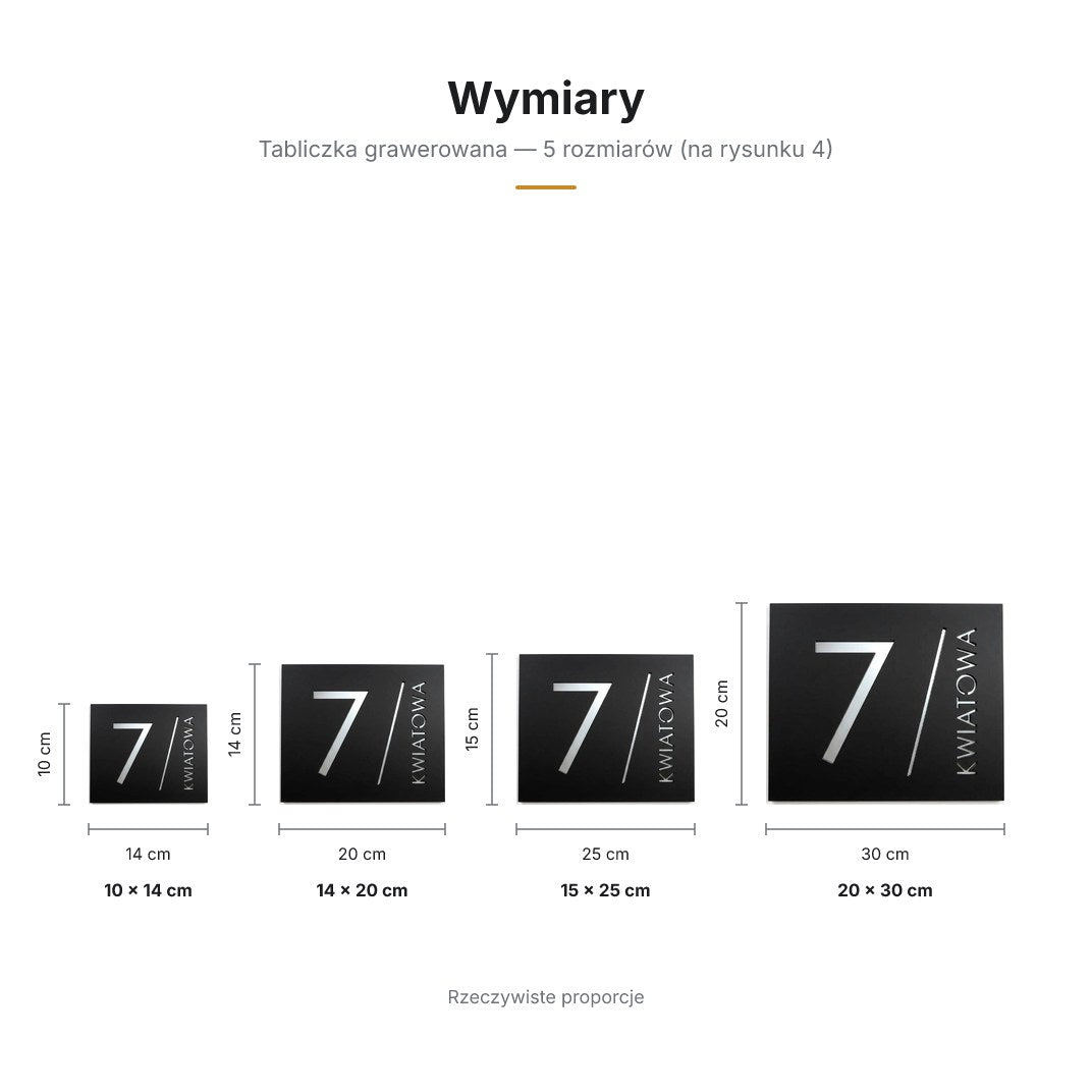 Wymiary tabliczki grawerowanej — 5 rozmiarów, rzeczywiste proporcje