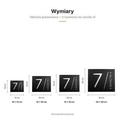 Wymiary tabliczki grawerowanej — 5 rozmiarów, rzeczywiste proporcje