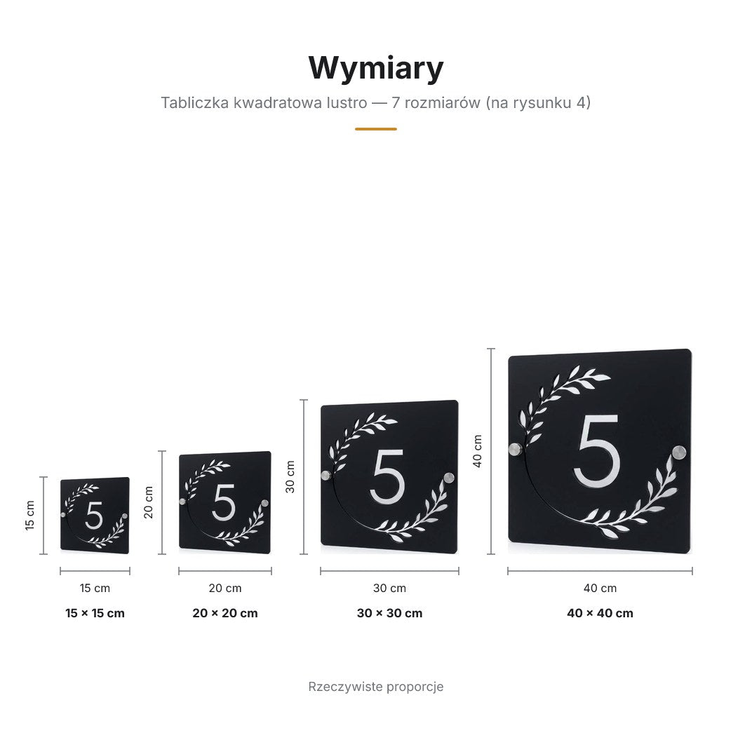 Wymiary tabliczki kwadratowej — 7 rozmiarów, rzeczywiste proporcje