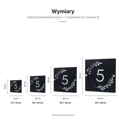 Wymiary tabliczki kwadratowej — 7 rozmiarów, rzeczywiste proporcje
