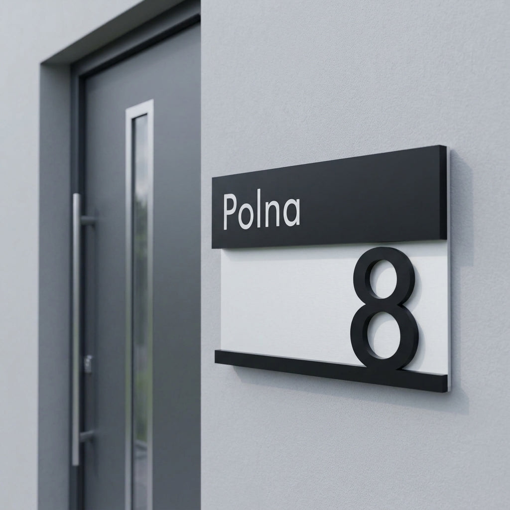 Tabliczka pozioma 28×16 bez podświetlenia — czarny pas z nazwą ulicy Polna i czarny numer 8 na białym panelu