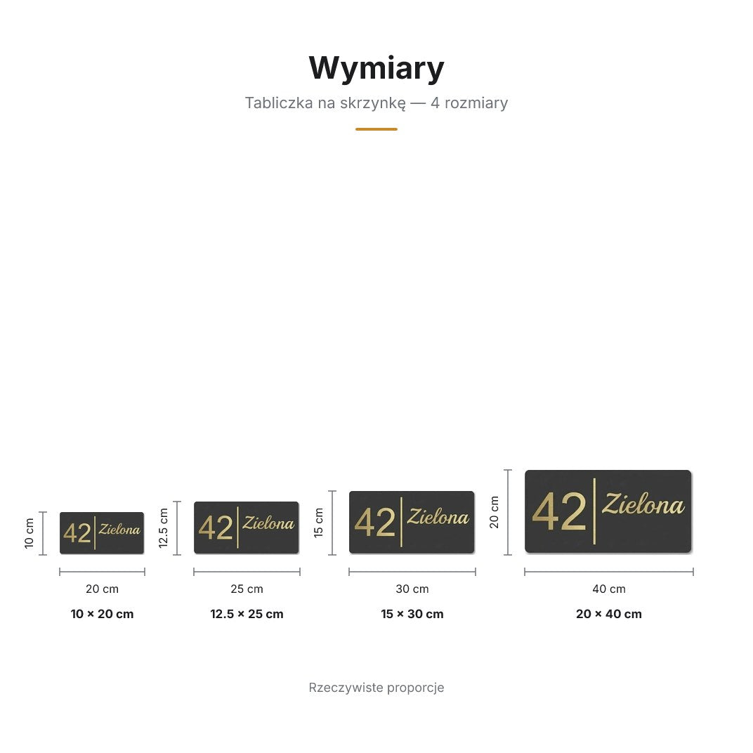 Wymiary tabliczki na skrzynkę — 4 rozmiary, rzeczywiste proporcje