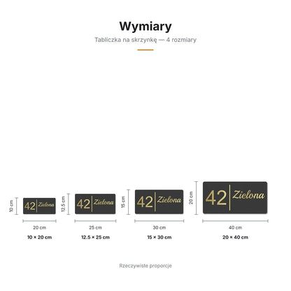 Wymiary tabliczki na skrzynkę — 4 rozmiary, rzeczywiste proporcje
