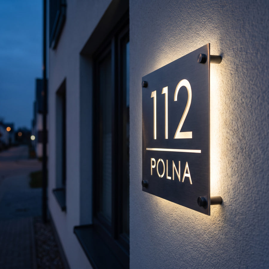 Tabliczka adresowa LED 12V z numerem 112 podświetlona nocą ciepłym światłem